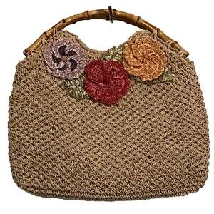 Y2K Cappelli Straworld Bamboo Handle Woven Bag Applique Flowers 3 Inside Pockets
